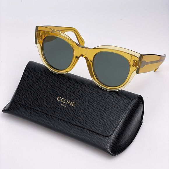 NEW Celine CL40008I 39N Unisex Shiny Yellow Green Rounded Cat Eye Sunglasses - Picture 1 of 12